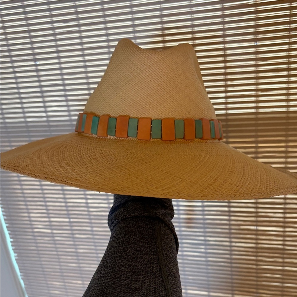 Straw Fedora Hat with Turquoise & Orange Bead Trim